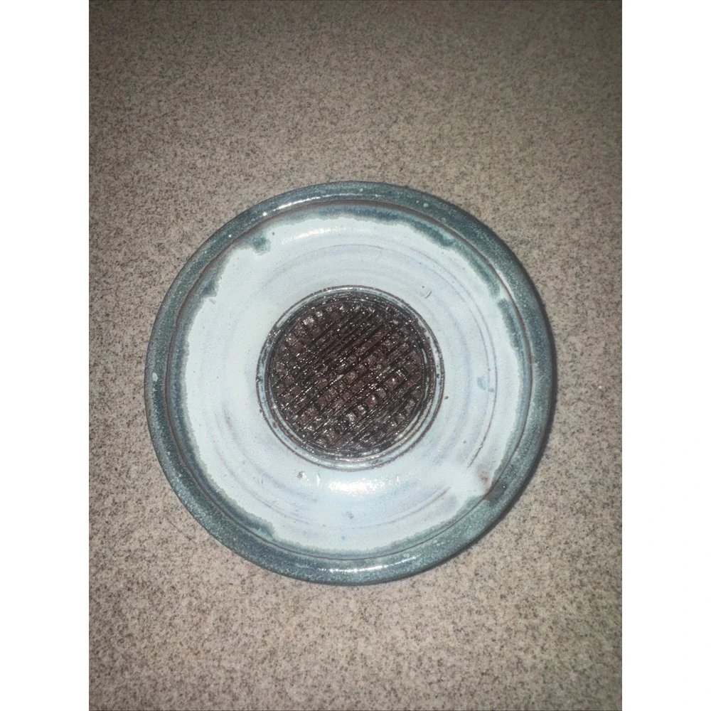 Handmade Garlic Grater Plate Pottery Blue Brown Coastal Artisan Stoneware Dish